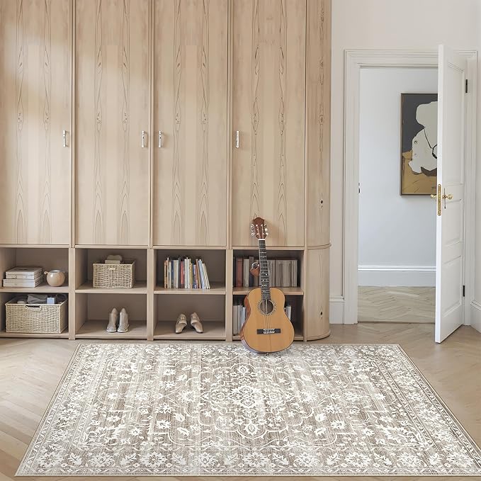 3x5 Area Rugs for Entryway,Washable Vintage Low Pile Non-Slip Throw Area Rugs, Accent Rug Floral Print Indoor Mat for Bedside Living Room Kitchen Bedroom Light Brown