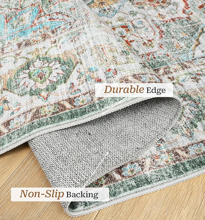 Washable Rug 8x10 Area Rugs for Living Room - Stain Resistant Non-Slip Backing Rugs for Bedroom - Vintage Large Area Rug (Green, 8'x10')