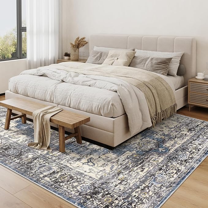5x7 Area Rugs for Living Room, Stain Resistant Neutral Washable Rugs for Dining Room, Floral Vintage Non-Slip Thin Large Size Area Rug (Blue/Black)