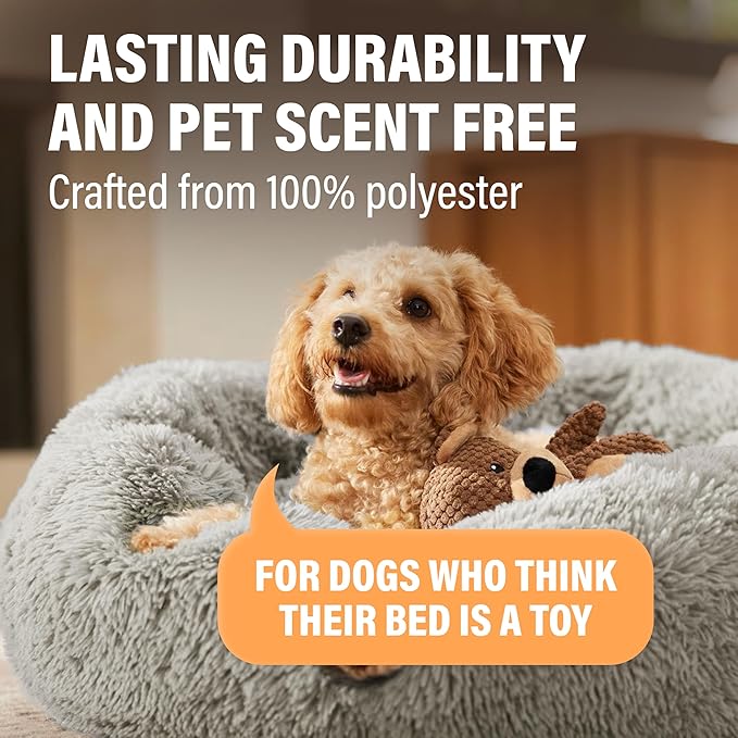 Active Pets Premium Small Donut Dog Bed, Fits Up to 45 lbs, Removable Cover & Washable Cushion, Plush Long Pile Faux Fur Fabric, Portable Dark Grey Pet Bed Furniture for Puppies Adult Canines & Cats