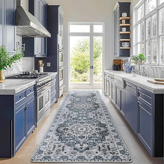 LBRO2M Boho Hallway Rug 2'X10’ Washable Runner Rugs Non Slip Low Piles Rugs Vintage, Soft, Dusty Blue Area Rug Runners for Hallways, Bedroom, Kitchen Laundry Room Pattern Print (2'X10', Dusty Blue)