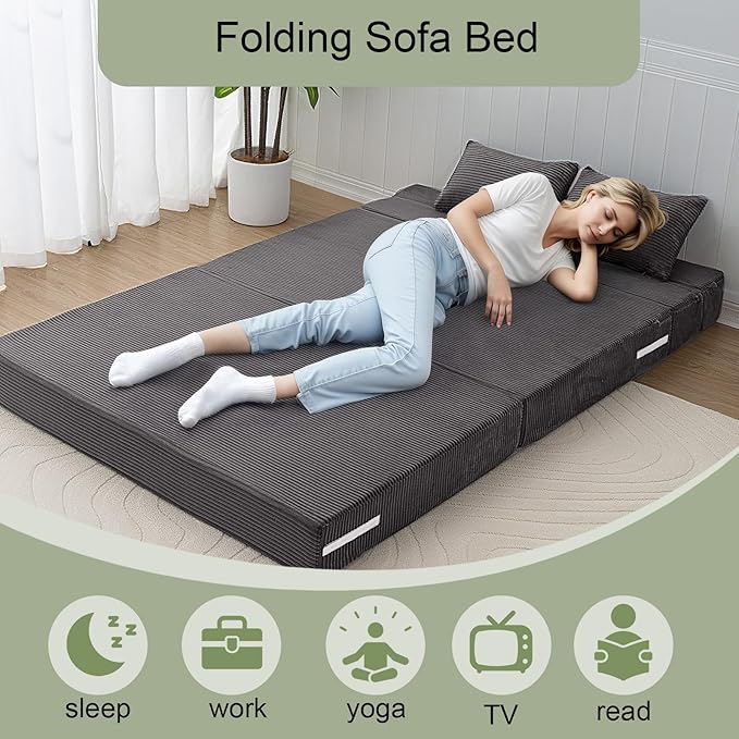 MeMoreCool Boneless Folding Sofa Bed Full Size – Corduroy Convertible Futon Couch with Foam Core & Pillow, 1500 lb Capacity Floor Sleeper, Washable Cover for Living Room, Bedroom, Guest Space