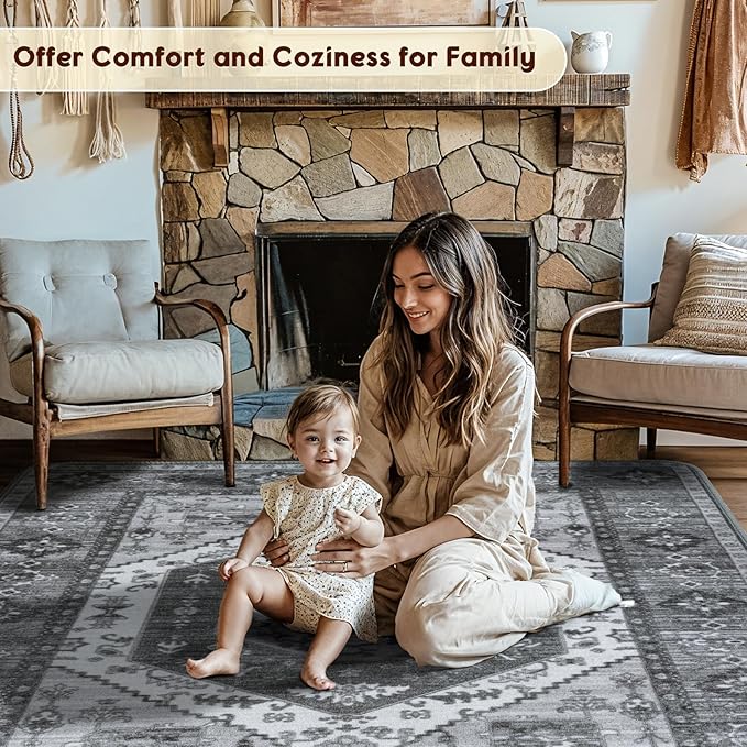 LBRO2M Boho Area Rug 6X9 Washable Rugs for Bedroom Low Piles Indoor Carpet, Non Slip Soft Rug for Living Room, Dining Room, Dark Gray Rug Foldable Pet Friendly Area Rugs (6'X9' Dark Gray)