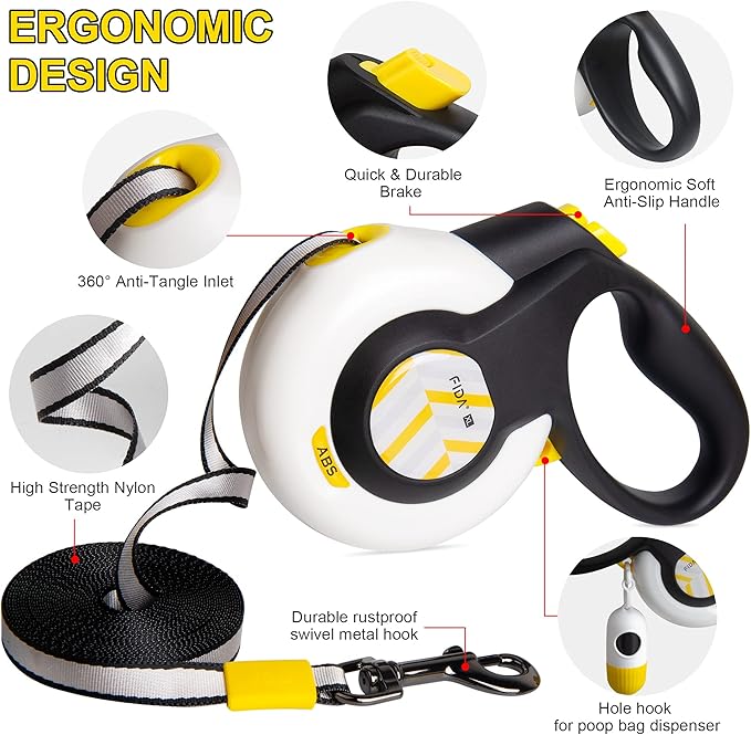 Fida AutoBrake Retractable Dog Leash. Advanced Patented Design for Dog Pulling, 16 ft Heavy Duty No Pull Pet Walking Leash for Extra Large Breeds. Tangle Free, Soft Grip, X-Large Size.