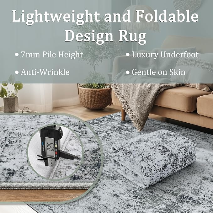 9x12 Area Rug Living Room Rugs - Washable Rug Large Modern Abstract Soft Thin Carpets Indoor Floor No Slip Vintage Carpet for Bedroom Under Dining Table Nursery Home Office Decor Gray White