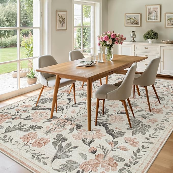 8x10 Area Rugs Washable Rug: Lagre Boho Living Room Rug Soft Non-Slip Thin Carpet Indoor Floor Non-Shedding Neutral Floral Carpets for Bedroom Dining Room Farmhouse Nursery Pink