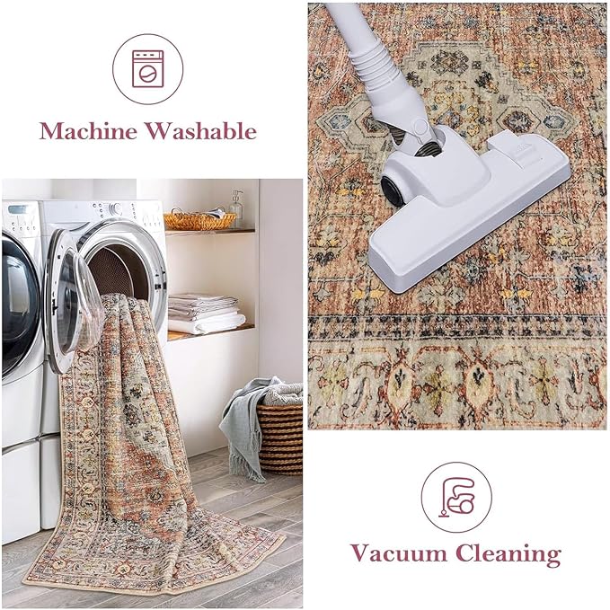 Lahome Oriental Washable Rugs for Living Room, 4x6 Bedroom Area Rug Ultra-Thin Soft Non Slip Stain Resistant Vintage Throw Carpet for ?랳ffice Dining Room, Peach/Orange