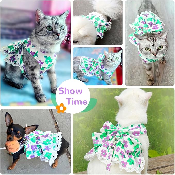 Dog Harness Dress Leash Set for Small Dog Summer Clothes Girl Female Puppy Cats Outfits Cute Floral Bowknot Princess Birthday Dress for Extra Small Pet Doggie Kitten Outfits Apparel(Green,M)