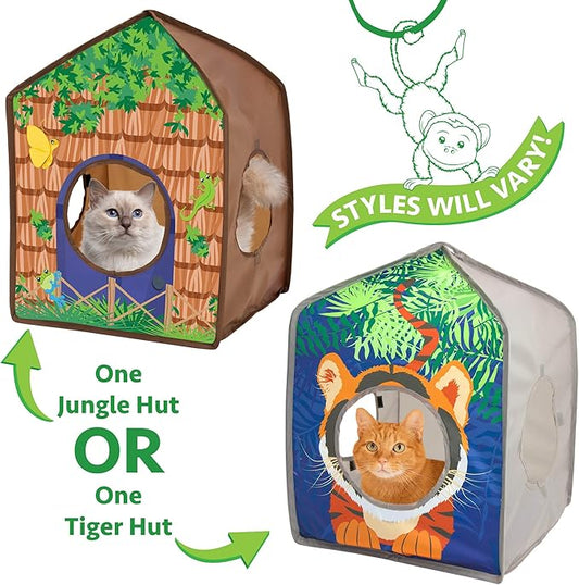 Kitty City Safari Jungle Tiger Pop-Up Cat House, Collapsible Indoor Cat Hideout with Peekaboo Openings, Lightweight Foldable Cat Playhouse