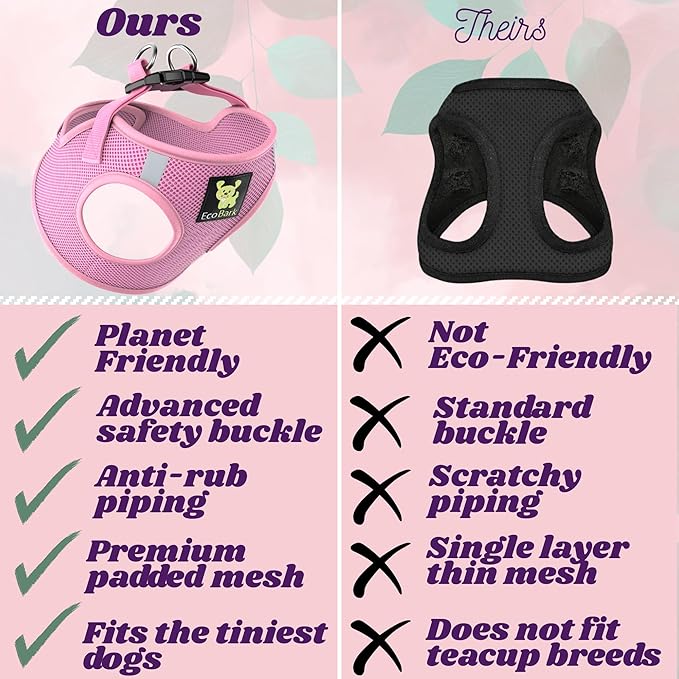 EcoBark Teacup Dog Harness - Luxury Step in Dog Harnesses XXXS - Reflective and Adjustable Vest Harness - Soft Mesh Halter Harness Vest for Puppies & Dogs (Baby Pink)