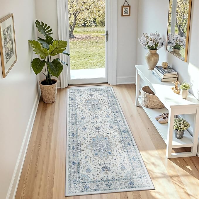 Area Rugs 2'x6' Runner Rug Non Slip Washable for Kitchen Hallway Bedroom Beside Laundry Room Bathroom Rug, Floor Carpet, Light Blue Navy Beige Gray White