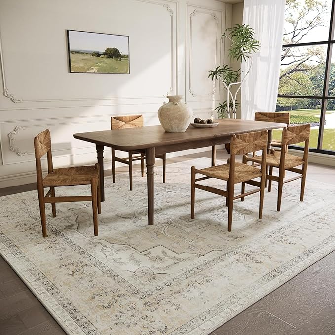 Area Rugs 10x14 Living Room: Washable Rugs for Bedroom Stain Resistant Non Slip Distressed Vintage Large Boho Rug Low Pile Faux Wool Soft Carpets for Living Room Dining Room Farmhouse Playroom
