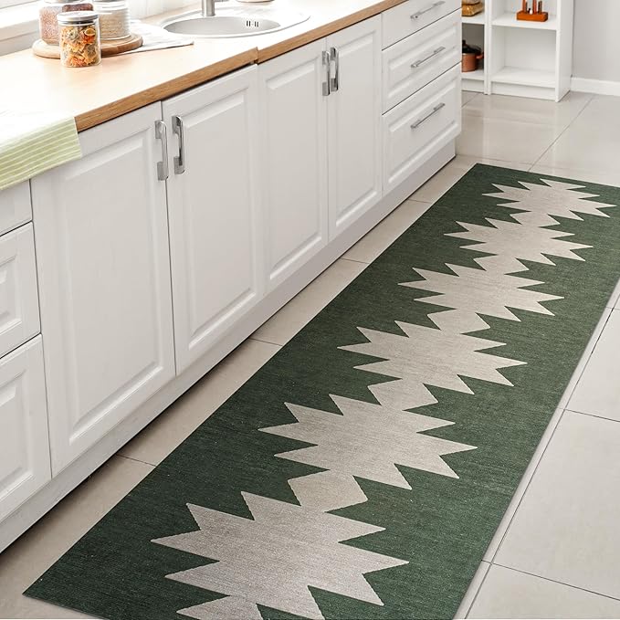 JONATHAN Y Machine Washable Runner Rug 2X8 Dark Green/Light Gray, Chayton Minimalist Geometric for Living Room, Bedroom, Kitchen, Office, Easy-Cleaning, Pet-Friendly, Non-Shedding WSH110C-28