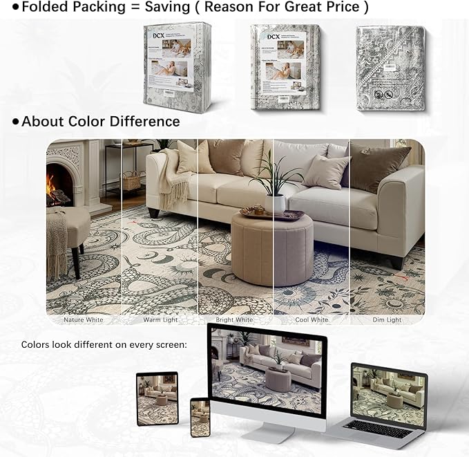 DCX Washable 2x3 Snake Rug, Beige Gothic Rug for Living Room, Soft Low Pile Carpet, Kid & Pet Friendly with Rubber Back Non Slip, Stain Resistant Rug for Bedroom Dining Room Office