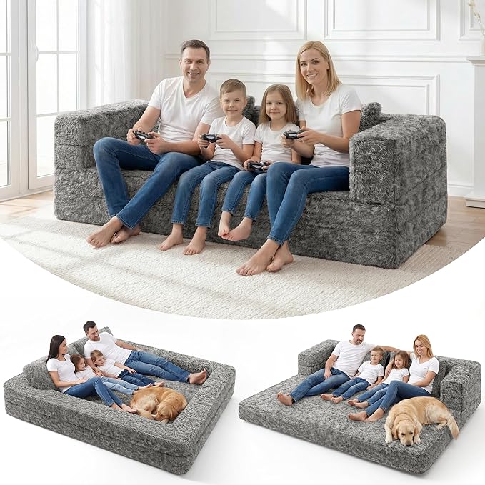 HABUTWAY Convertible Sofa Bed,3-in-1 Folding Futon Sofa Bed with Pillow, Foldable Sleeper Sofa Bed with Removable Cover,Plush Boneless Floor Chair Couch Lounge for Living Room,(Queen,Light Grey)