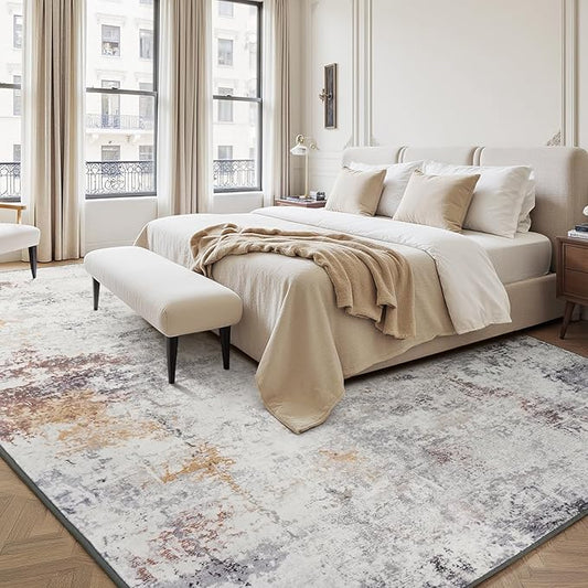 Rugflix 5x7 Area Rugs for Living Room, Washable Large Rug Stain-Resistant Low Pile, Modern Neutral Carpet for Dining Room Home Office Kid Room Nursery Bedroom, Grey Brown