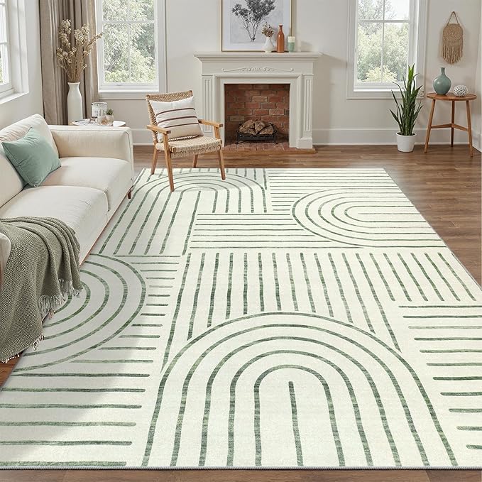 DCX Abstract Machine Washable 8x10 Rug, Sage Green Modern Accent Rug for Living Room, Soft Low Pile Non Slip Carpet, Kid & Pet Friendly Stain Resistant Rug for Bedroom Dining Room Office