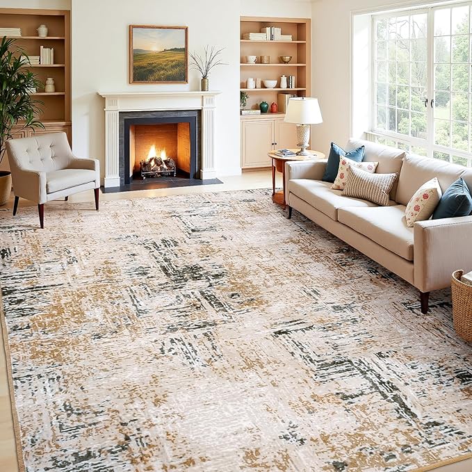 Rugflix 8x10 Washable Area Rugs, Neutral Boho Carpet Living Room Rug Non Slip Stain Resistant, Large Area Rug for Indoor Bedroom Dining Room Office, Brown