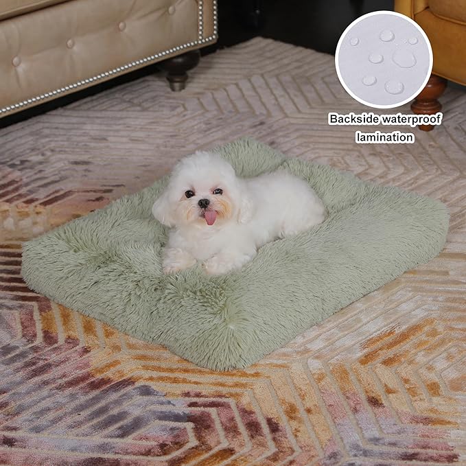 Bedfolks Waterproof Dog Crate Pad, Plush Dog Kennel Bed with Removable Cover, Faux Fur, Washable, 23"x18", Sage Green