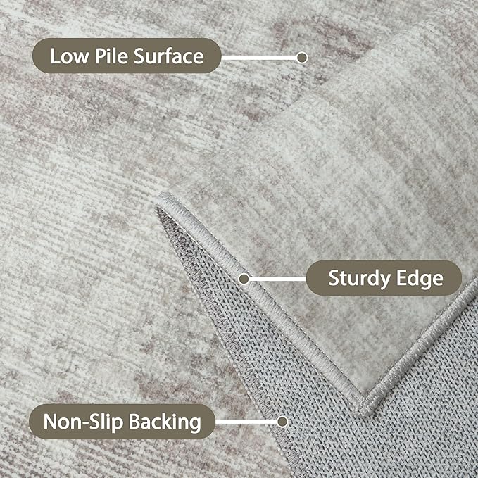Area Rugs 6x9 for Living Room Bedroom, Modern Abstract Machine Washable Rug, Large Soft Low Pile Floor Carpet with Non Slip Backing for Dining Room, Light Grey/Beige