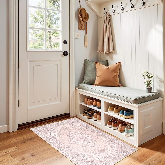 Area Rugs 2'x4' Kitchen Rugs Entry Rug Small Rugs for Entryway Kitchen Bathroom Door Mat Indoor Entrance,Washable Non Slip, Pink Greypink Cute