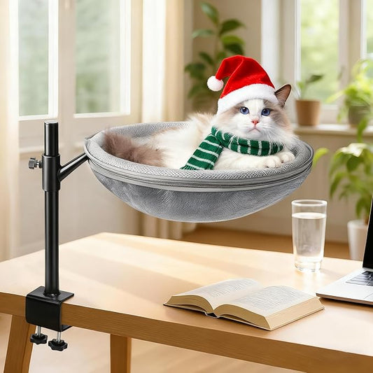 Cat Desk Bed,360°Swivel,Height Adjustable,Desktop Attachment Cats Perch for Home Office,Cover Washable, Holds Up to 45lbs,Kitten Furniture Accessories,Cat Beds，Cats Furniture(Grey)