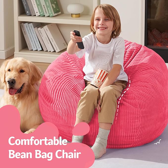 Homguava 2.5FT Bean Bag Chair,Teardrop Bean Bags Small Beanbag Chair with Memory Foam Filled and Ultra Soft Corduroy Cover for Living Room, Bedroom (Pink)