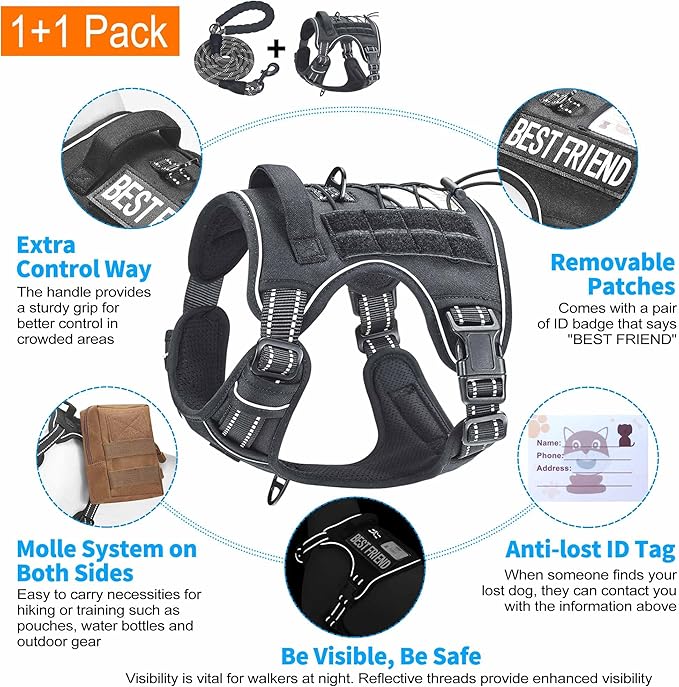 Heavy Duty Tactical Dog Harness for Medium Dogs, No Pull Adjustable Pet Harness Reflective Service Training Easy Control Pet Vest Military K9 Working Dog Harnesses- Medium, Black