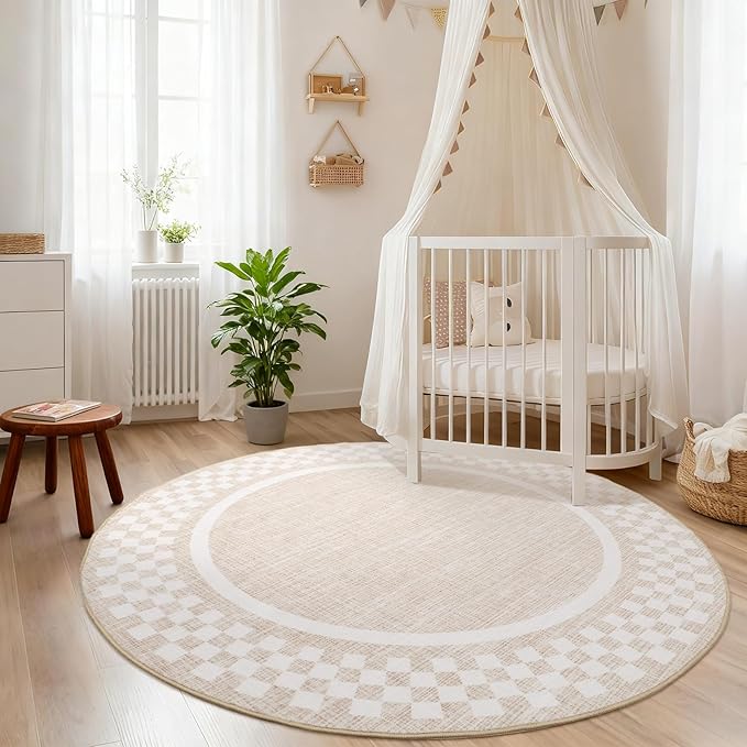 4ft Washable Round Rug for Entryway Modern Checkered Bedroom Circle Rug Non Slip Soft Dining Room Round Throw Carpet Small Stain Resistant Border Round Rugs for Living Room Kitchen Bathroom, Beige