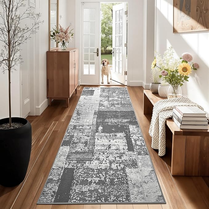 LOCHAS Washable Runner Rugs for Hallway, 2x6 Non Sip Soft Rug for Bedroom Entryway Kitchen Laundry Room, Long Abstract Carpet for Indoor Floor Bedside, Grey Geometric Vintage Decor, Pet & kid Friendly
