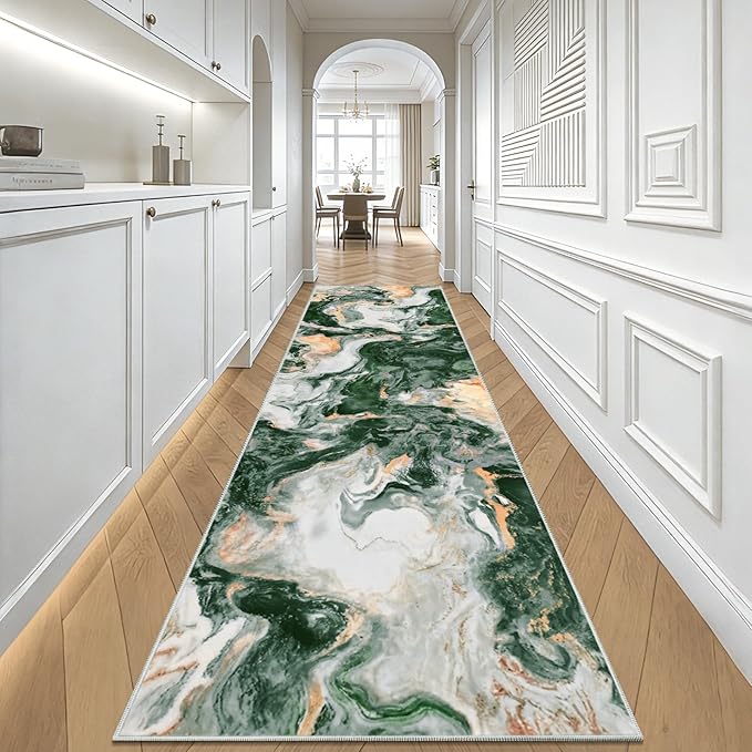 Yinhua 2x7'3 Rug Runners for Hallways, Marble Runner Rug Non Silp, Soft Abstract Kitchen Runner Rugs Non Shedding, Washable Area Rugs Green and Gold, Stain Resistant Carpet for Bathroom Entryway Hall