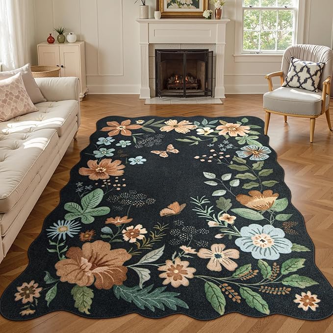 Lahome Floral Rugs for Living Room, 5x7 Area Rugs Ultra-Thin Soft Washable Rug, Non-Slip Bedroom Rug Stain Resistant Lightweight Boho Low-Pile Throw Carpet for ‎Dining Room Office (5x7ft,Black/Grey)