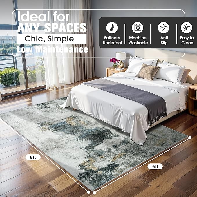6x9 Area Rugs for Living Room Rug Washable: Abstract Rug for Dining Room Bedroom Carpet Non Slip 6 by 9 Indoor Modern Nursery Home Office Black Gold