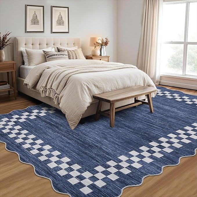 GarveeHome Area Rug 6x9 Large Living Room Modern Border Throw Rug with Rubber Backing Stain Resistant Dining Room Throw Carpet Washable Scalloped Rug for Bedroom Home Decor Office, Blue