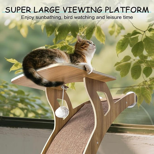 Cat Window Perch with Scratcher Ramp, 48" Climbing Tree Suctions Cups to Window Maximum Hold Up to 66lb, Supports Large Cats, Providing Pulti-Level Perches for Climbing,Resting(Deep Wood, 48'')