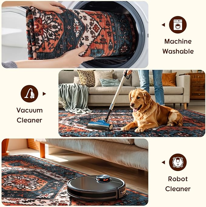 LBRO2M Boho 4X6 Rug Washable Rugs for Bedroom Non Slip Indoor Carpet, Soft Low Piles Rug Foldable Rugs for Living Room Pet Friendly Area Rugs Stain Resistant (4'X6' Multi Rust)