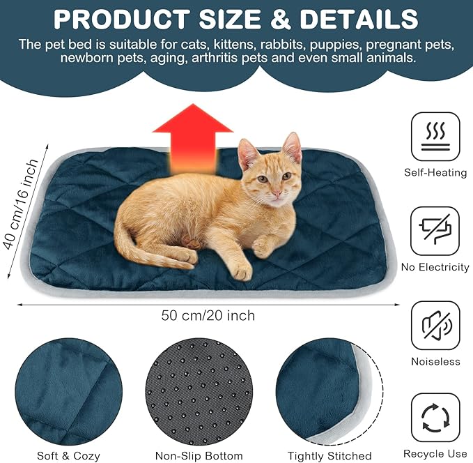 2 Pack Self Heating Cat Mat Self Warming Pet Pads Washable Kennel Mat Dog Crate Pad Reflects Body Heat Non Skid Cat Thermal Pads for Puppy Indoor Outdoor(Blue,16 x 20 Inches)