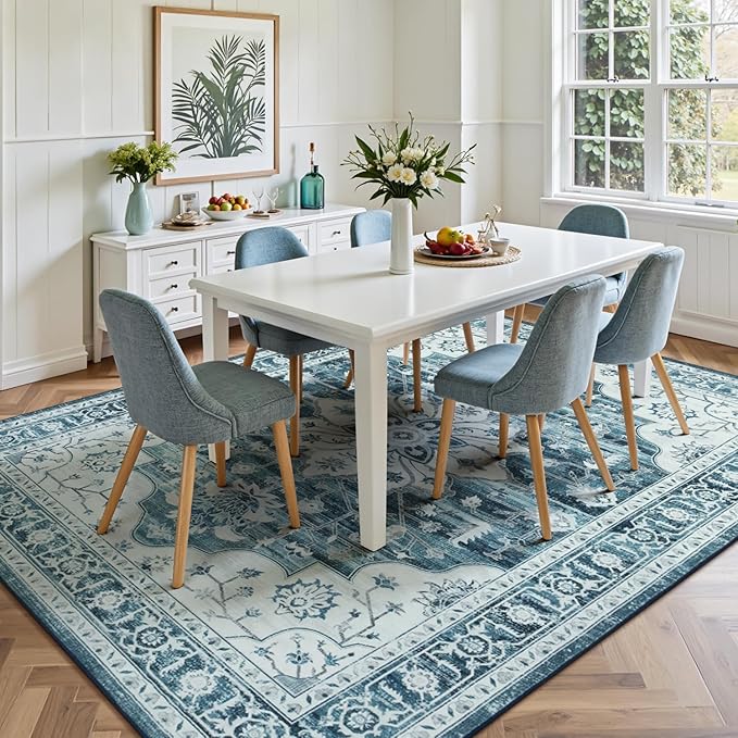 Lofus 5x7 Washable Area Rug, Vintage Floral Rugs for Living Room, Bedroom, Dinning Room, Low Pile Large Area Rugs with Non-Slip Backing, Sunflower Print Pattern, Neutral Blue