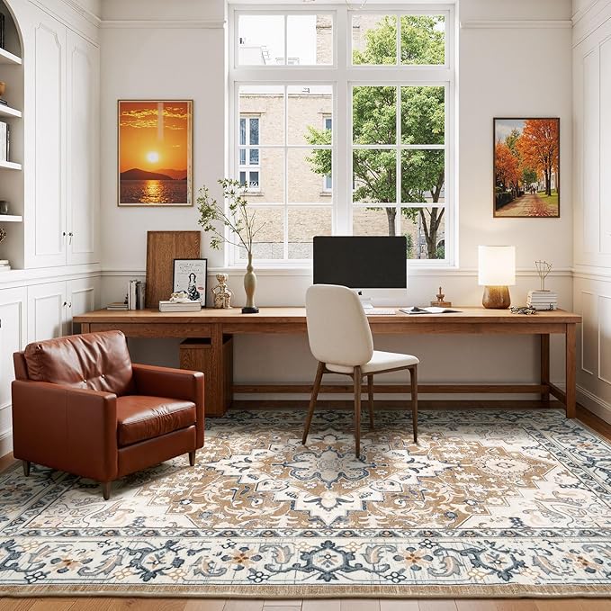 Lessymo 5x7 Area Rug for Living Room - Machine Washable Area Rugs, Super Soft Faux-Wool Area Rugs for Bedroom Kitchen, Boho Area Rug Vintage Floral Non-Slip Low Pile, Brown