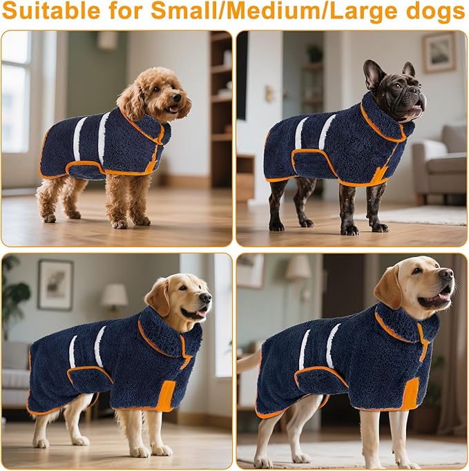 Bienbee Dog Bathrobe, Quick Drying Super Absorbent Dog Robes for After Bath, Warm Keeping Dogs Towel, Dogs Bath Supplies, Navy Blue L