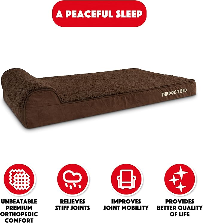 The Dog’s Bed Orthopedic Memory Foam Dog Bed with Headrest, Plush Fabric, Brown Plush, XL, 4-Inch