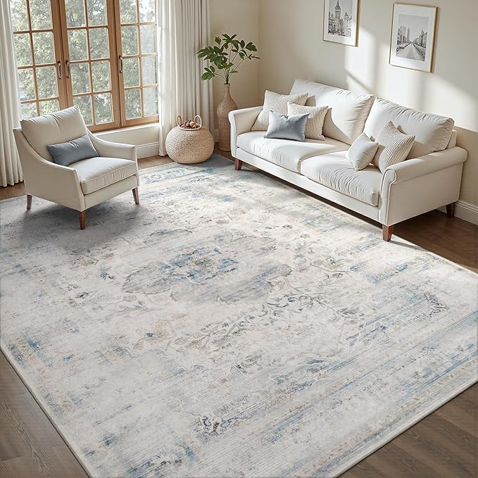 DCX 5x7 Haze Blue Rug, Machine Washable Stain Resistant Distressed Vintage Rug, Kid & Pet Friendly with Rubber Back Non Slip Soft Low Pile Large Carpet for Living Room, Bedroom, Home Office