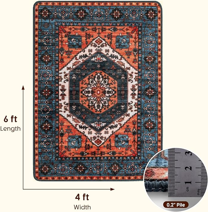 LBRO2M Boho 4X6 Rug Washable Rugs for Bedroom Non Slip Indoor Carpet, Soft Low Piles Rug Foldable Rugs for Living Room Pet Friendly Area Rugs Stain Resistant (4'X6' Multi Rust)