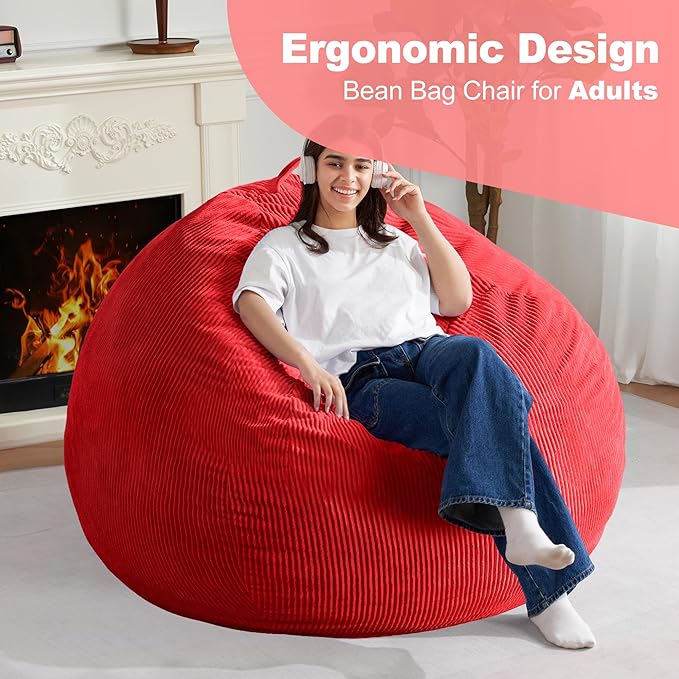 Homguava 5FT Bean Bag Chair for Adults,Teardrop Giant Bean Bags Big Beanbag Chair with Memory Foam Filled and Ultra Soft Removable Corduroy Cover for Living Room, Bedroom(Red)