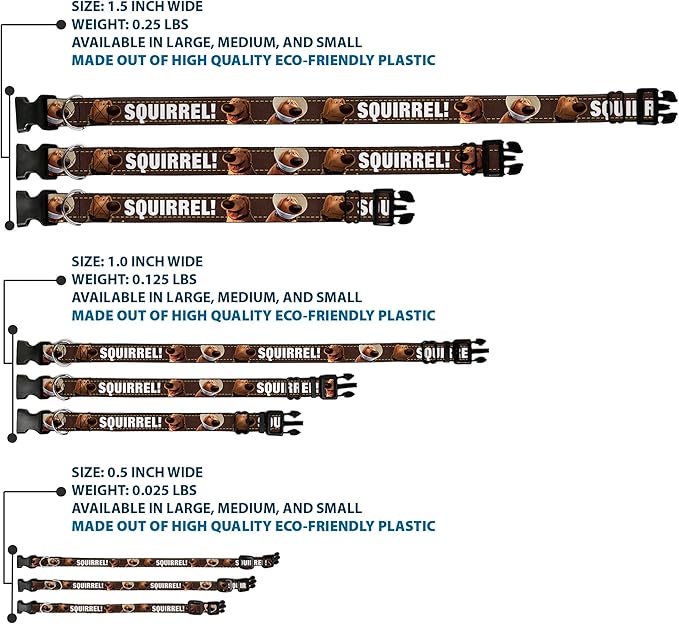 Buckle-Down Plastic Clip Collar - Dug 3-Poses/SQUIRREL! Brown/Yellow/White - 1/2" Wide - Fits 9-15" Neck - Large