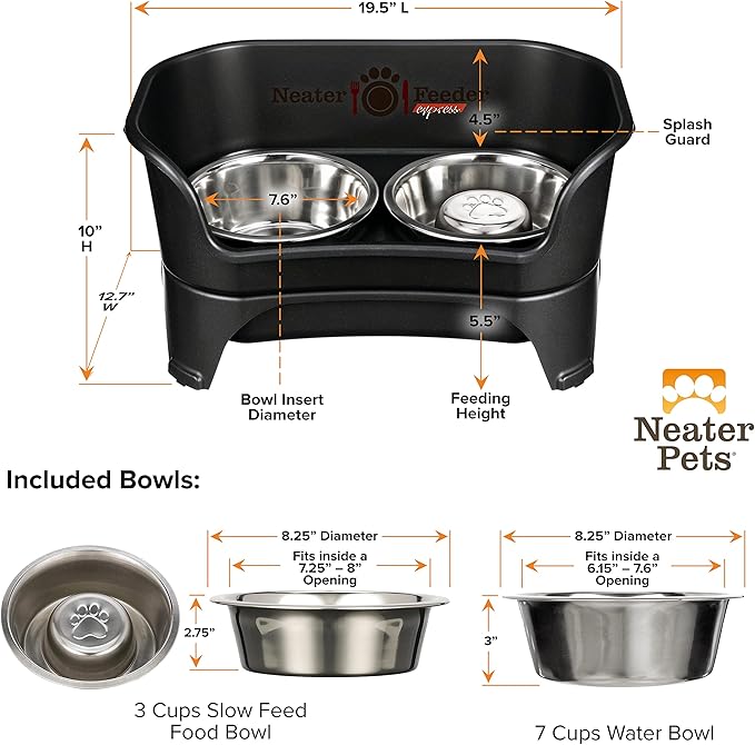 Neater Feeder - Express Model w/ Slow Feed Bowl - Mess-Proof Dog Bowls (M/L, Black) Made in USA – Elevated, No Spill, Non-Tip, Non-Slip, Raised Stainless Steel Food/Water Pet Bowls Aid Digestion