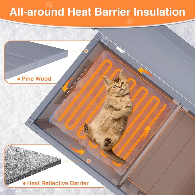 Heated Cat House for Outside - Wooden Insulated Cat Houses Outdoor, Winter Warm Cat Home Weatherproof Waterproof, Clawsable Feral Kitty Shelter with Heated Pad, Escape Door