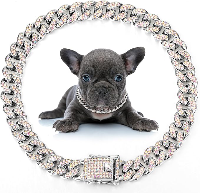 LEIFIDE Dog Chain Collar Diamond Link Puppy Collar 12 mm Wide Dog Necklace Metal Cat Chain Pet Crystal Necklace Jewelry Accessories for Small Medium Large Pet(12 Inch,Silver, AB Color)