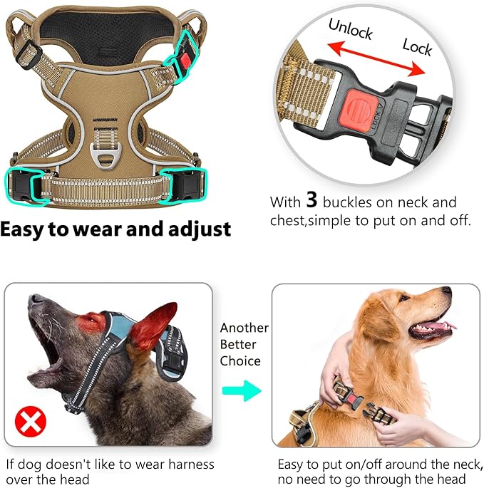 Timos Dog Harness Medium Sized, No Pull Pet Harness with Neck Lockable Snap,No Choke Front Clip Dog Reflective Vest,Adjustable Metal Rings 3 Buckles,Easy Control Handle for Medium Dogs Khaki M
