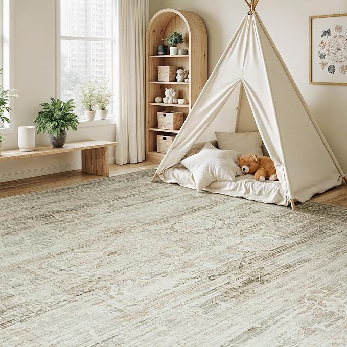 Large Area Rugs 9x12 Living Room, Washable Soft Faux Wool Carpet for Bedroom Dining Room, Neutral Vintage Distressed Non Slip Stain Resistant Beige Rug for Office Decor